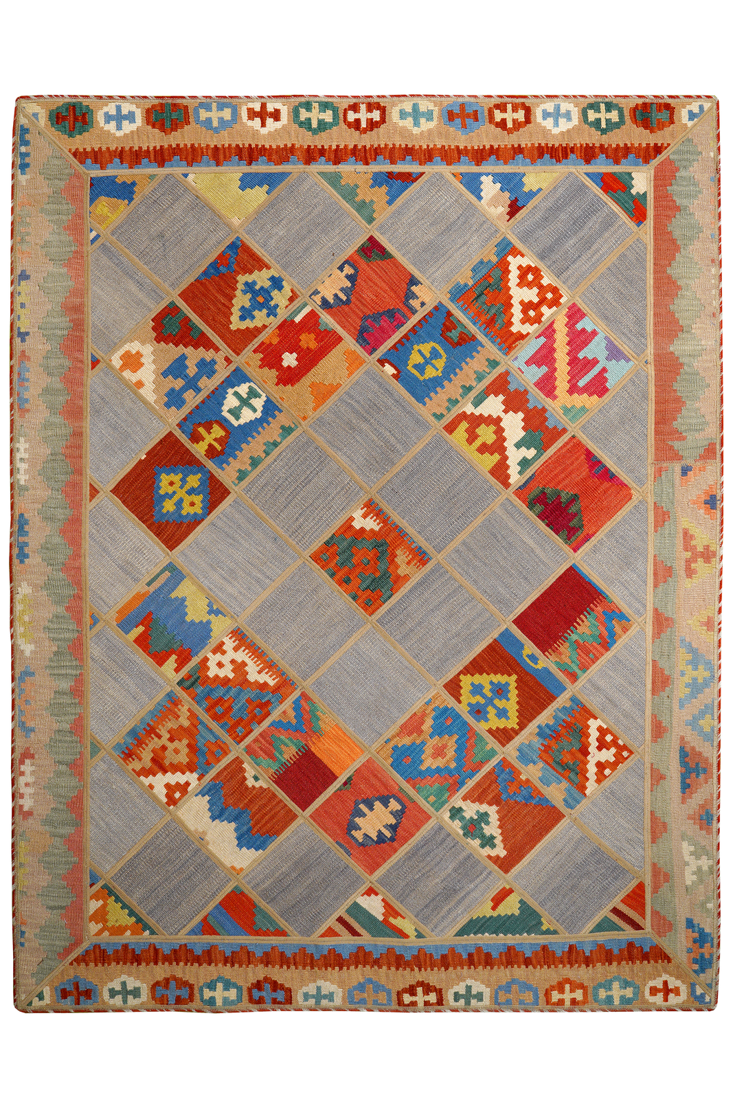 Kelim Tekkeh — Handmade, 150x200 cm, Grey, 100% Virgin Wool | Main view