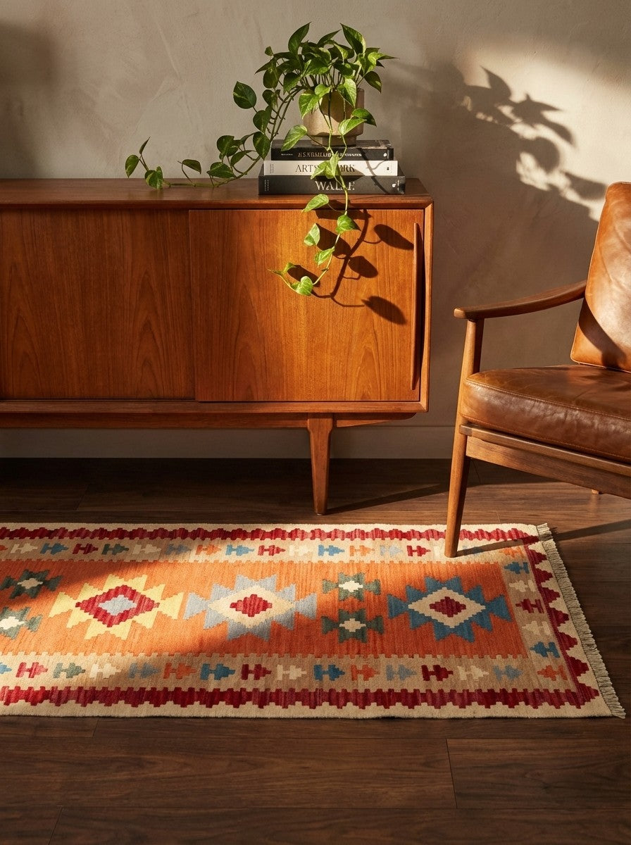 Kelim Gashgai — Handmade, 86x204 cm, Red, 100% Virgin Wool | Back view