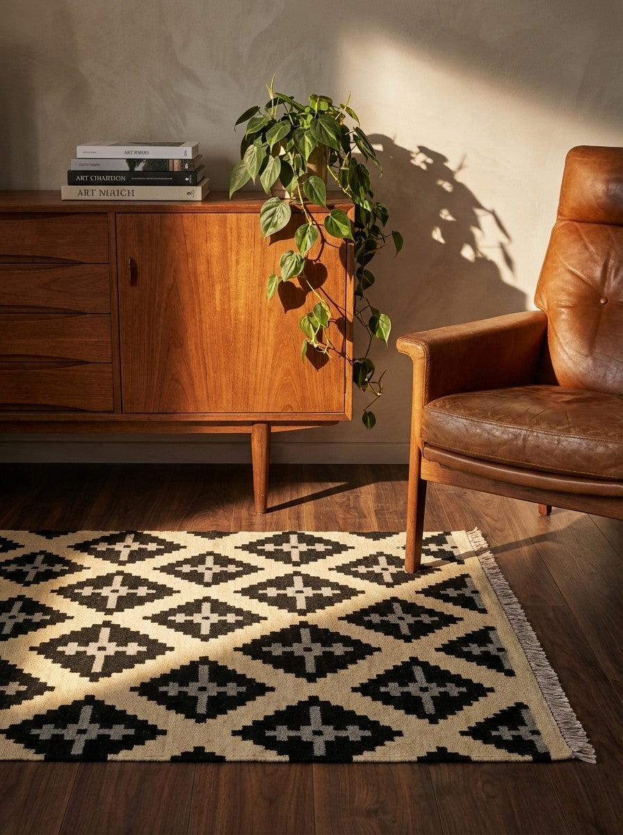 Kelim Gashgai — Handmade, 83x117 cm, Beige, 100% Virgin Wool | Back view