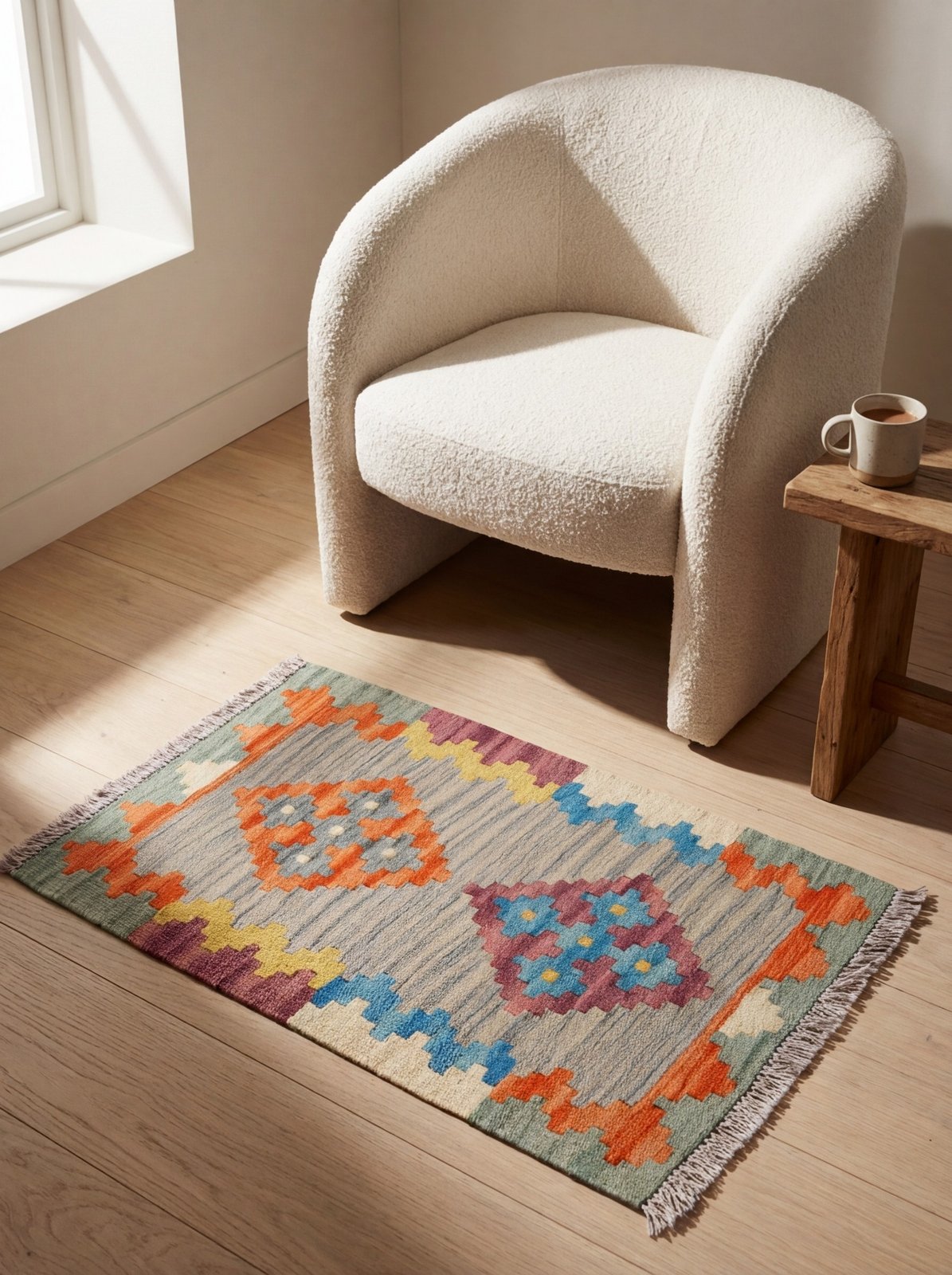 Kelim Gashgai — Handmade, 43x68 cm, Grey, 100% Virgin Wool | Detail view
