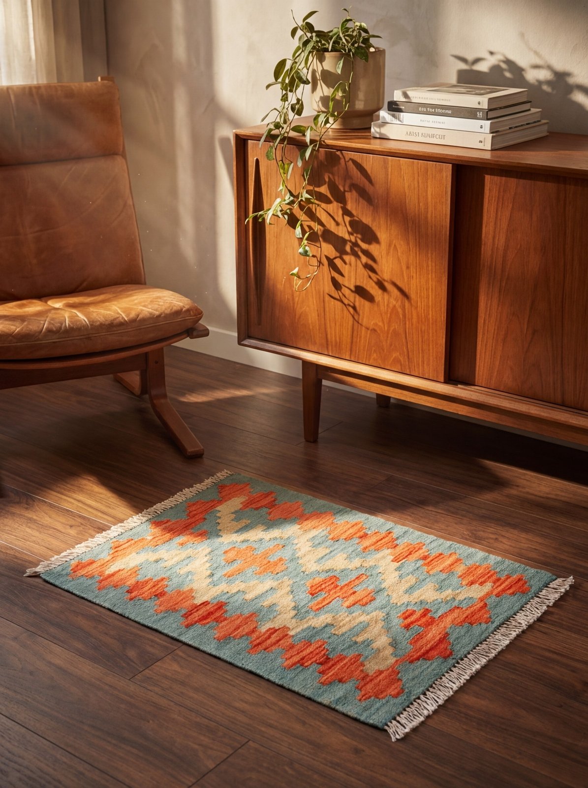 Kelim Gashgai — Handmade, 44x63 cm, Blue, 100% Virgin Wool | Back view