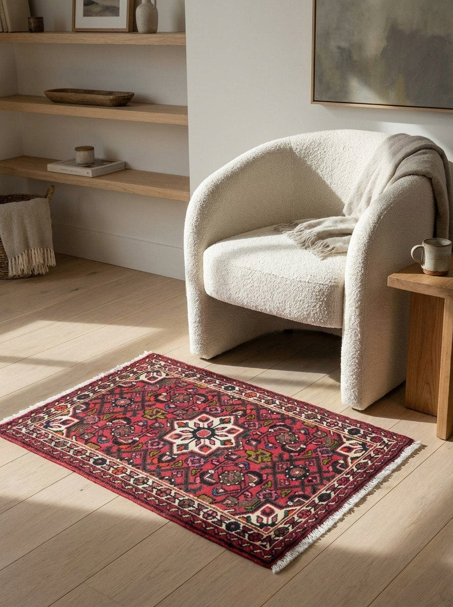 Hosseinabad — Handgefertigt, 90x64 cm, Beige, 100% Virgin Wool | Detail view