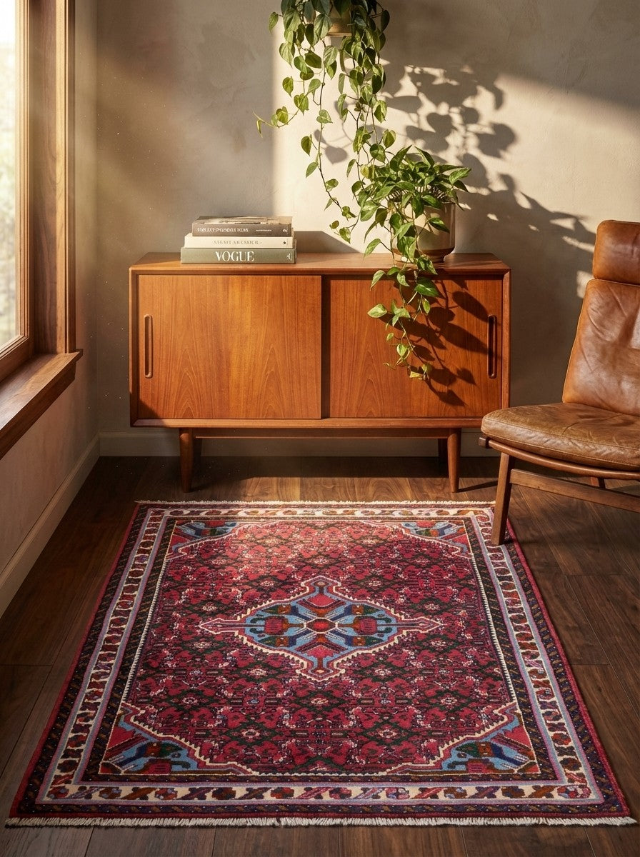 Hosseinabad — Hand-knotted, 104x153 cm, Red, 100% Virgin Wool | Back view