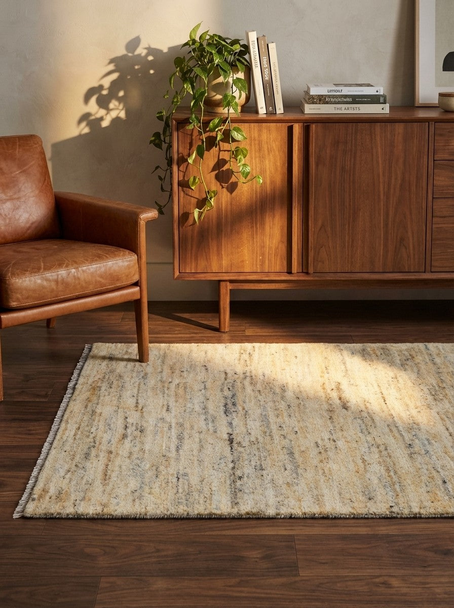 Gabbeh — Hand-knotted, 84x114 cm, Beige, 100% Virgin Wool | Back view