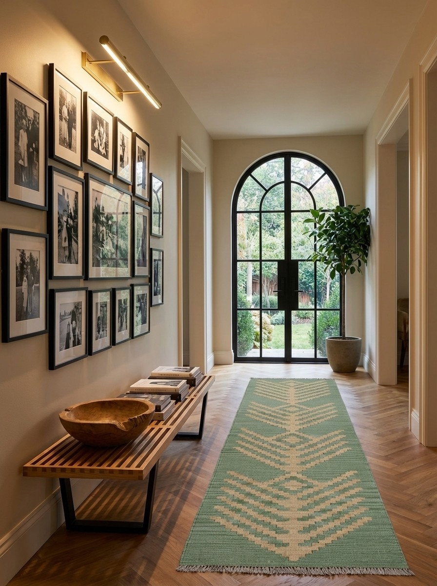 Kelim Gashgai — Handgefertigt, 190x57 cm, Grün, 100% Virgin Wool | Detail view