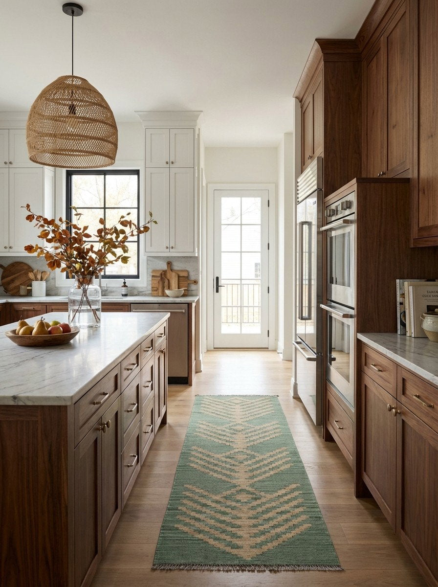 Kelim Gashgai — Handgefertigt, 190x57 cm, Grün, 100% Virgin Wool | Back view