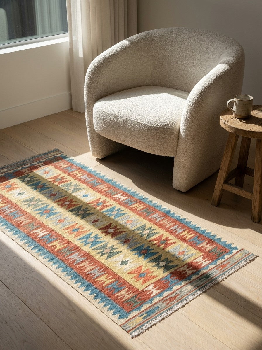 Kelim Gashgai — Handmade, 89x202 cm, Yellow, 100% Virgin Wool | Detail view