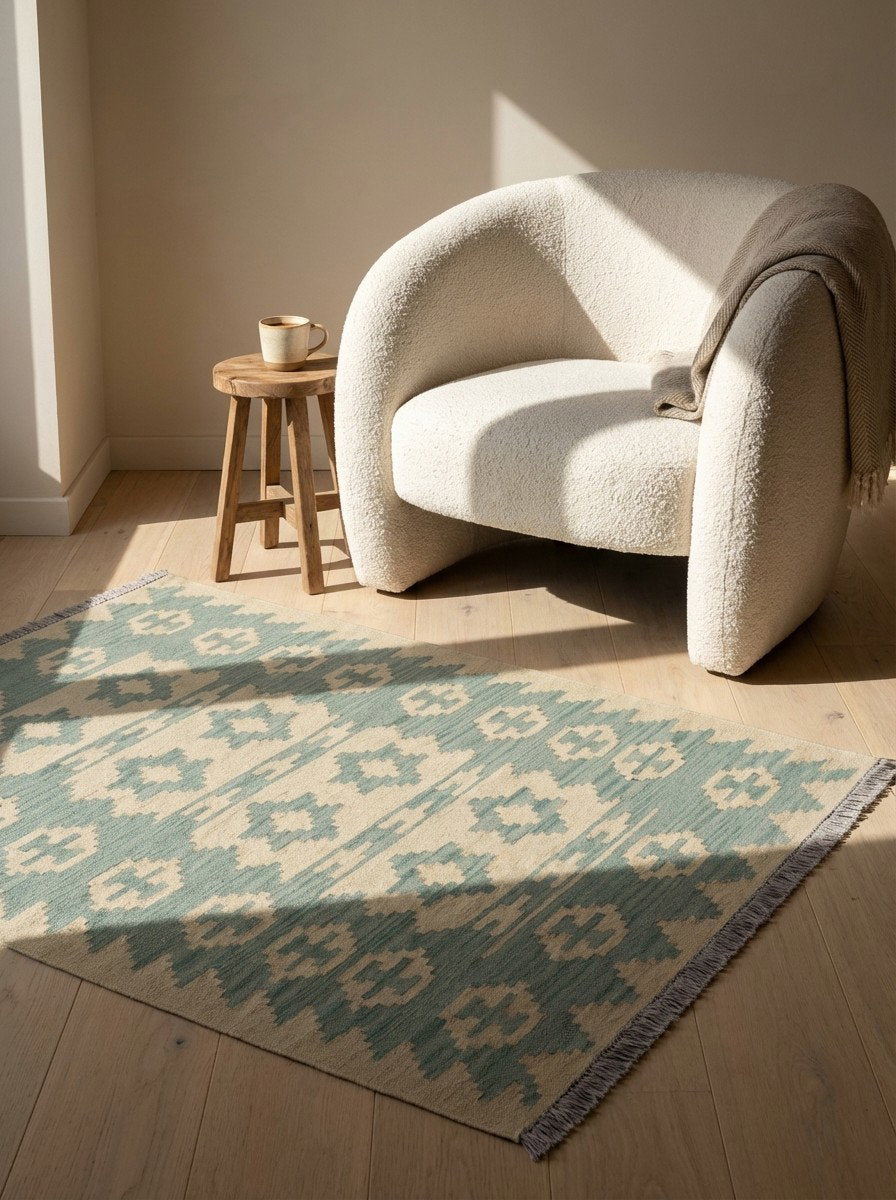 Kelim Gashgai — Handgefertigt, 145x100 cm, Beige, 100% Virgin Wool | Detail view