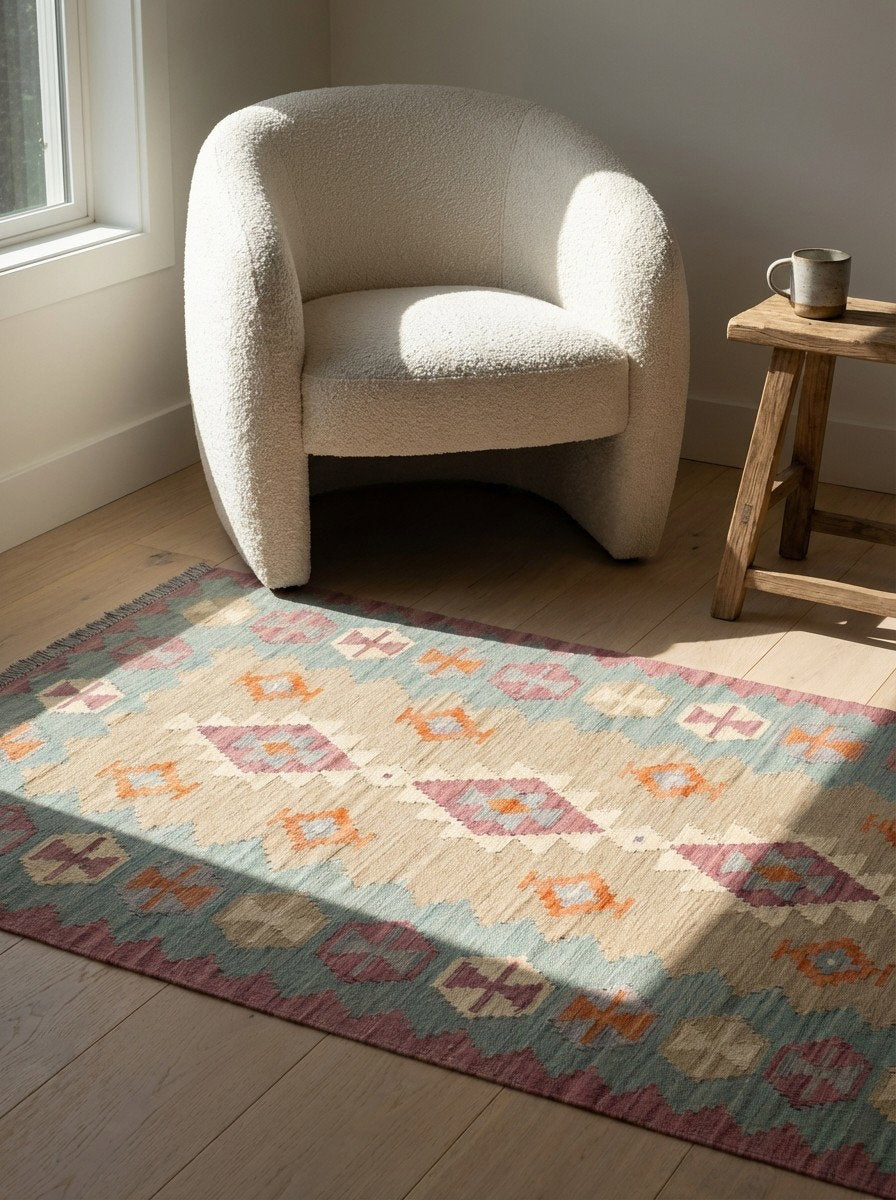 Kelim Gashgai — Handgefertigt, 150x103 cm, Grün, 100% Virgin Wool | Detail view