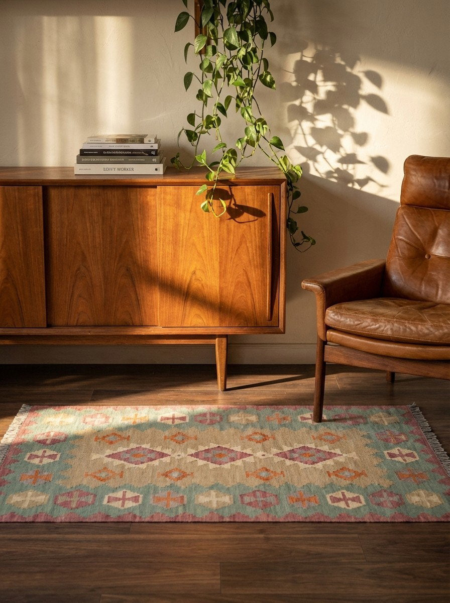 Kelim Gashgai — Handgefertigt, 150x103 cm, Grün, 100% Virgin Wool | Back view