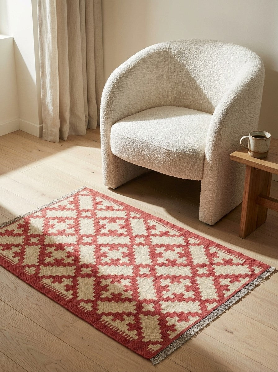 Kelim Gashgai — Handmade, 64x91 cm, Red, 100% Virgin Wool | Detail view