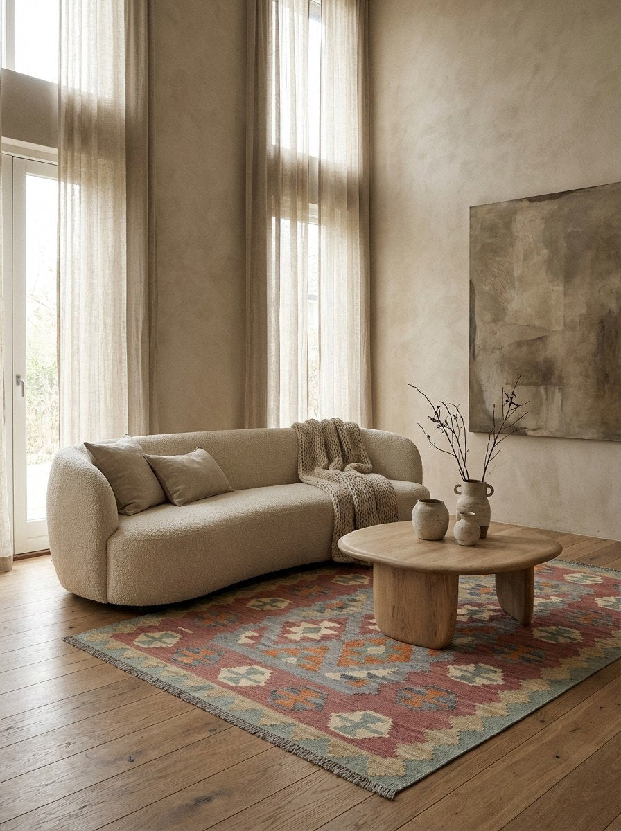 Kelim Gashgai — Handgefertigt, 184x127 cm, Rosa, 100% Virgin Wool | Detail view