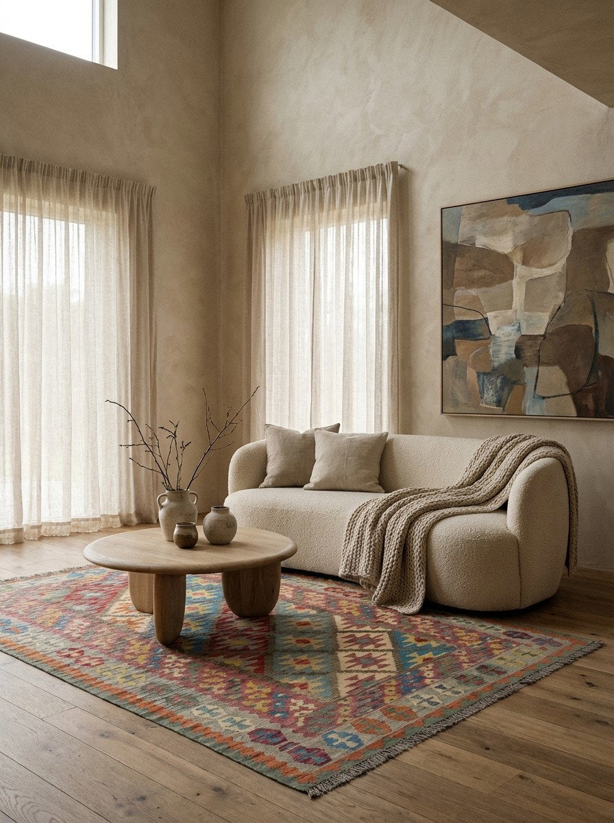 Kelim Gashgai — Handgefertigt, 245x173 cm, Rosa, 100% Virgin Wool | Detail view