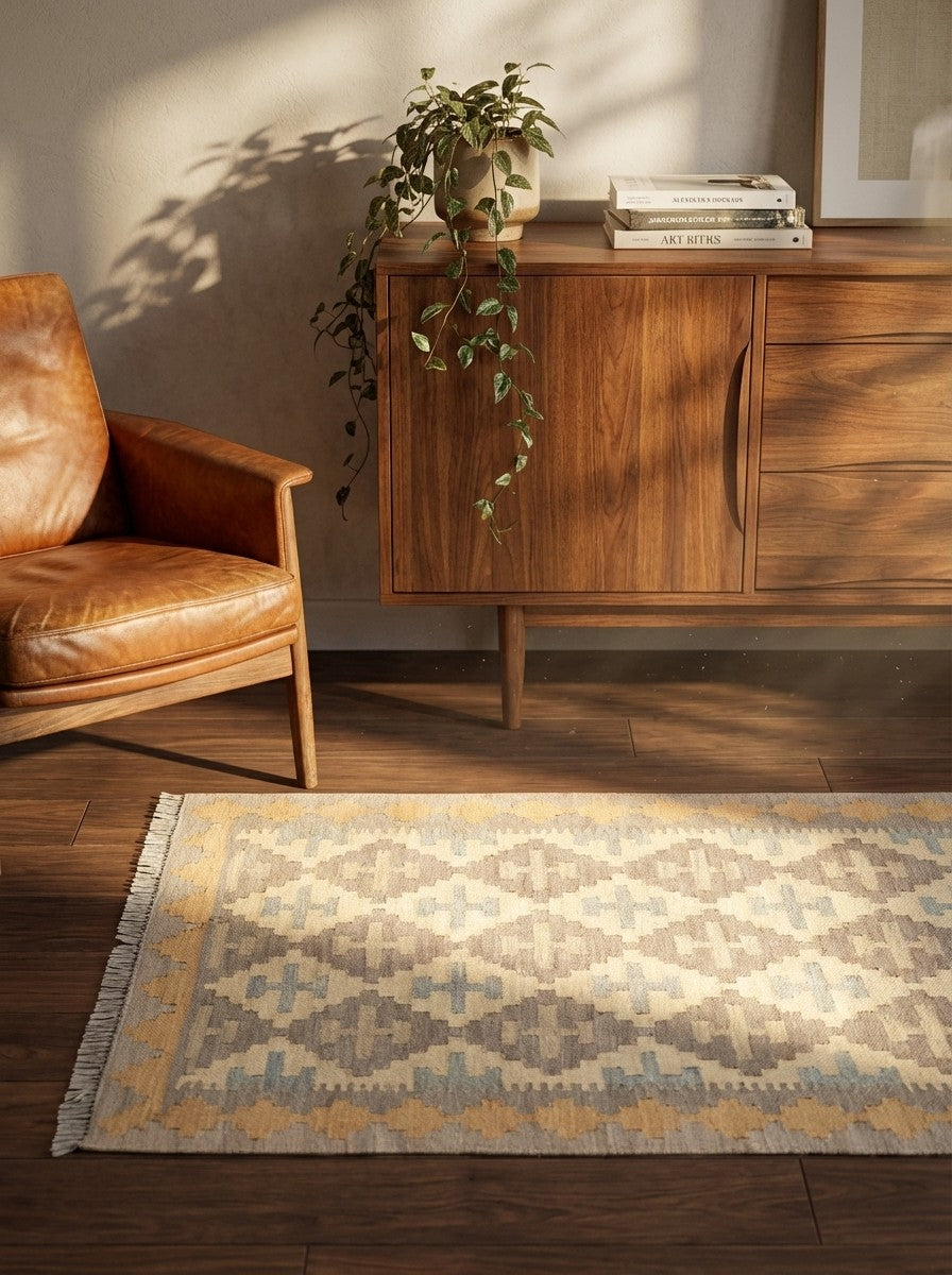 Kelim Gashgai — Handmade, 84x188 cm, Beige, 100% Virgin Wool | Back view
