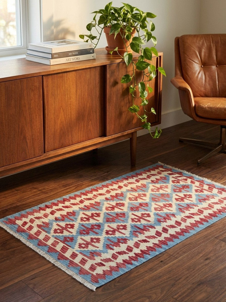 Kelim Gashgai — Handgefertigt, 148x101 cm, Beige, 100% Virgin Wool | Back view