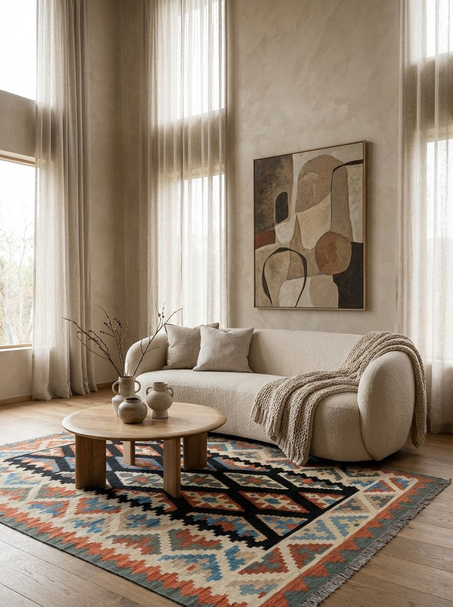 Kelim Gashgai — Handgefertigt, 194x150 cm, Beige, 100% Virgin Wool | Detail view