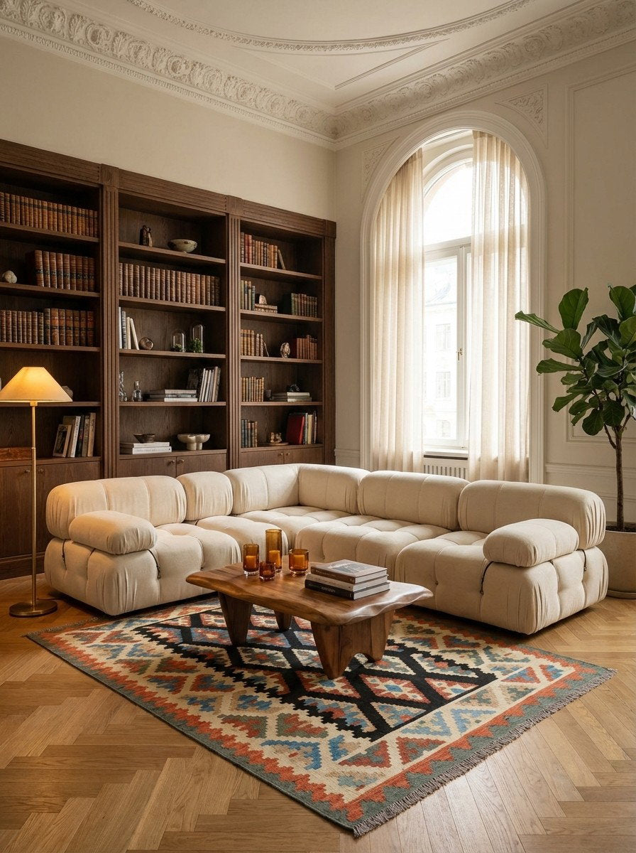 Kelim Gashgai — Handgefertigt, 194x150 cm, Beige, 100% Virgin Wool | Back view