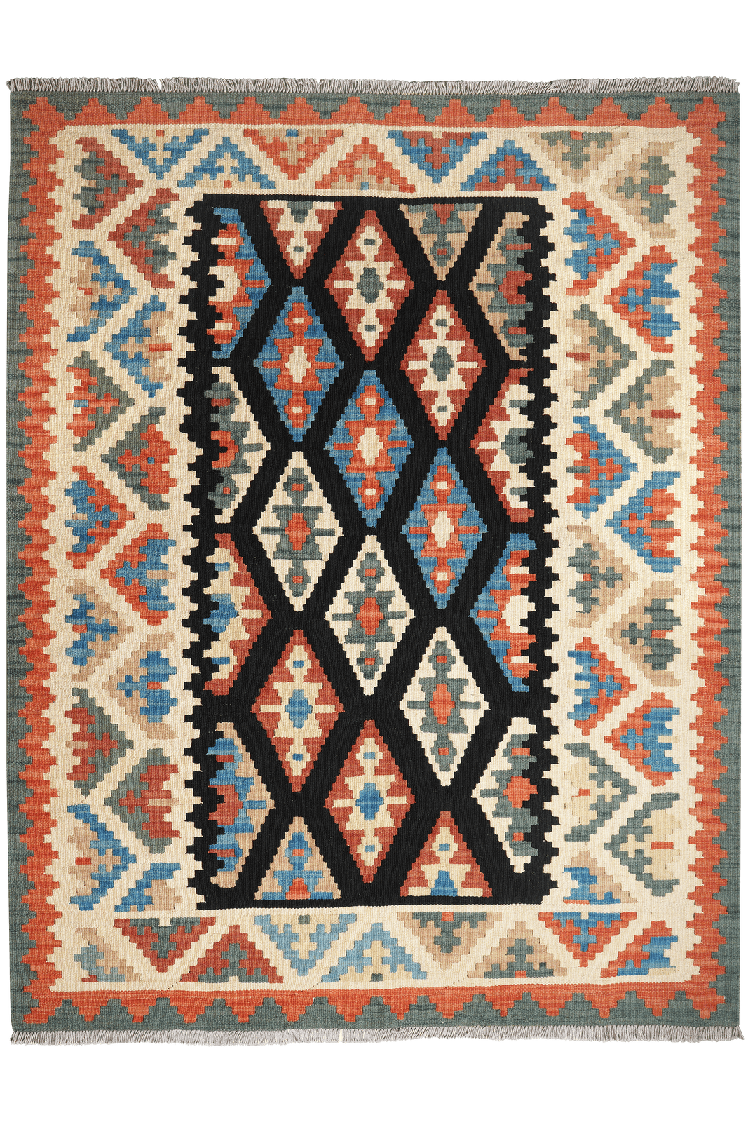 Kelim Gashgai — Handmade, 150x194 cm, Black, 100% Virgin Wool | Main view