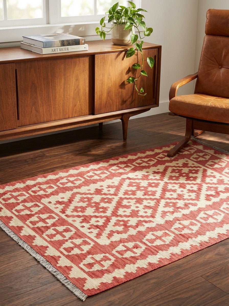 Kelim Gashgai — Handgefertigt, 150x105 cm, Beige, 100% Virgin Wool | Back view