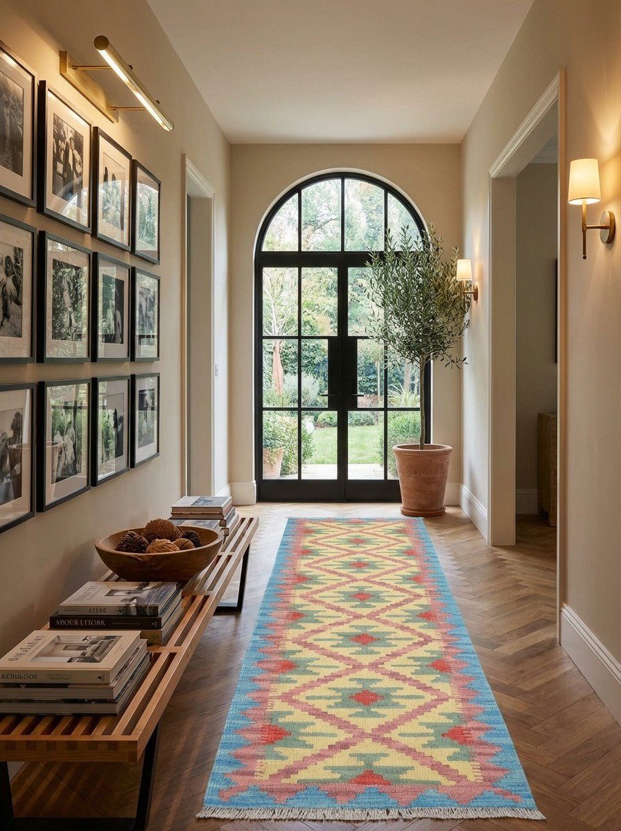 Kelim Gashgai — Handgefertigt, 198x60 cm, Blau, 100% Virgin Wool | Detail view