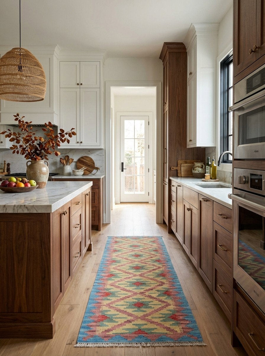 Kelim Gashgai — Handgefertigt, 198x60 cm, Blau, 100% Virgin Wool | Back view