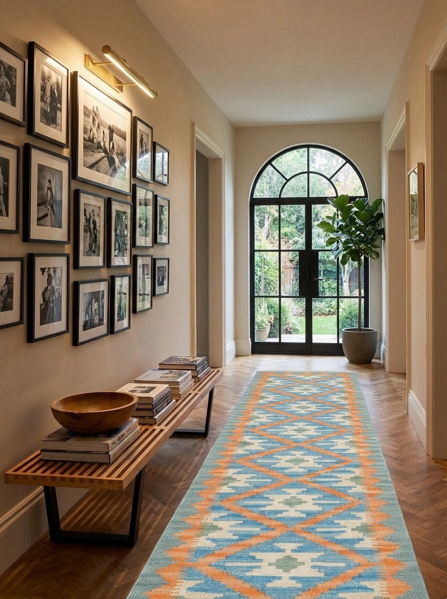 Kelim Gashgai — Handgefertigt, 191x63 cm, Grün, 100% Virgin Wool | Detail view