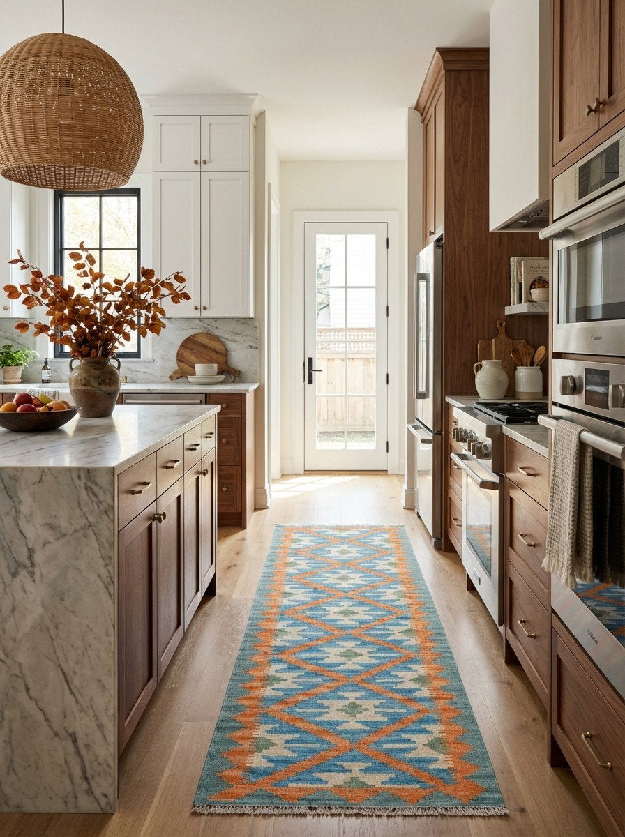 Kelim Gashgai — Handgefertigt, 191x63 cm, Grün, 100% Virgin Wool | Back view