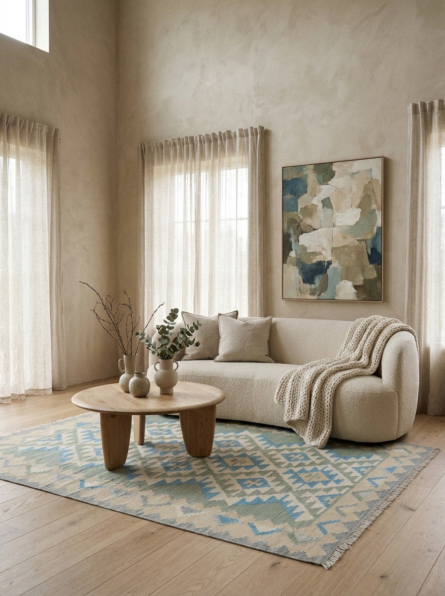 Kelim Gashgai — Handgefertigt, 229x168 cm, Beige, 100% Virgin Wool | Detail view