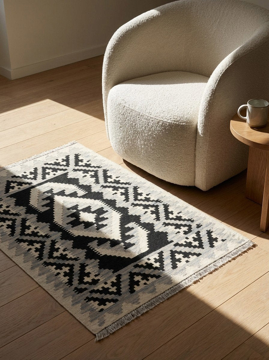 Kelim Gashgai — Handgefertigt, 147x102 cm, Beige, 100% Virgin Wool | Detail view