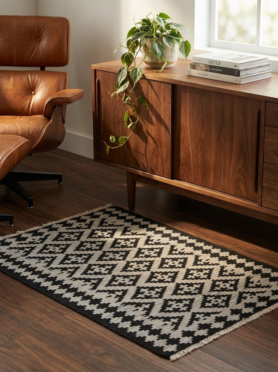 Kelim Gashgai — Handgefertigt, 144x103 cm, Beige, 100% Virgin Wool | Back view