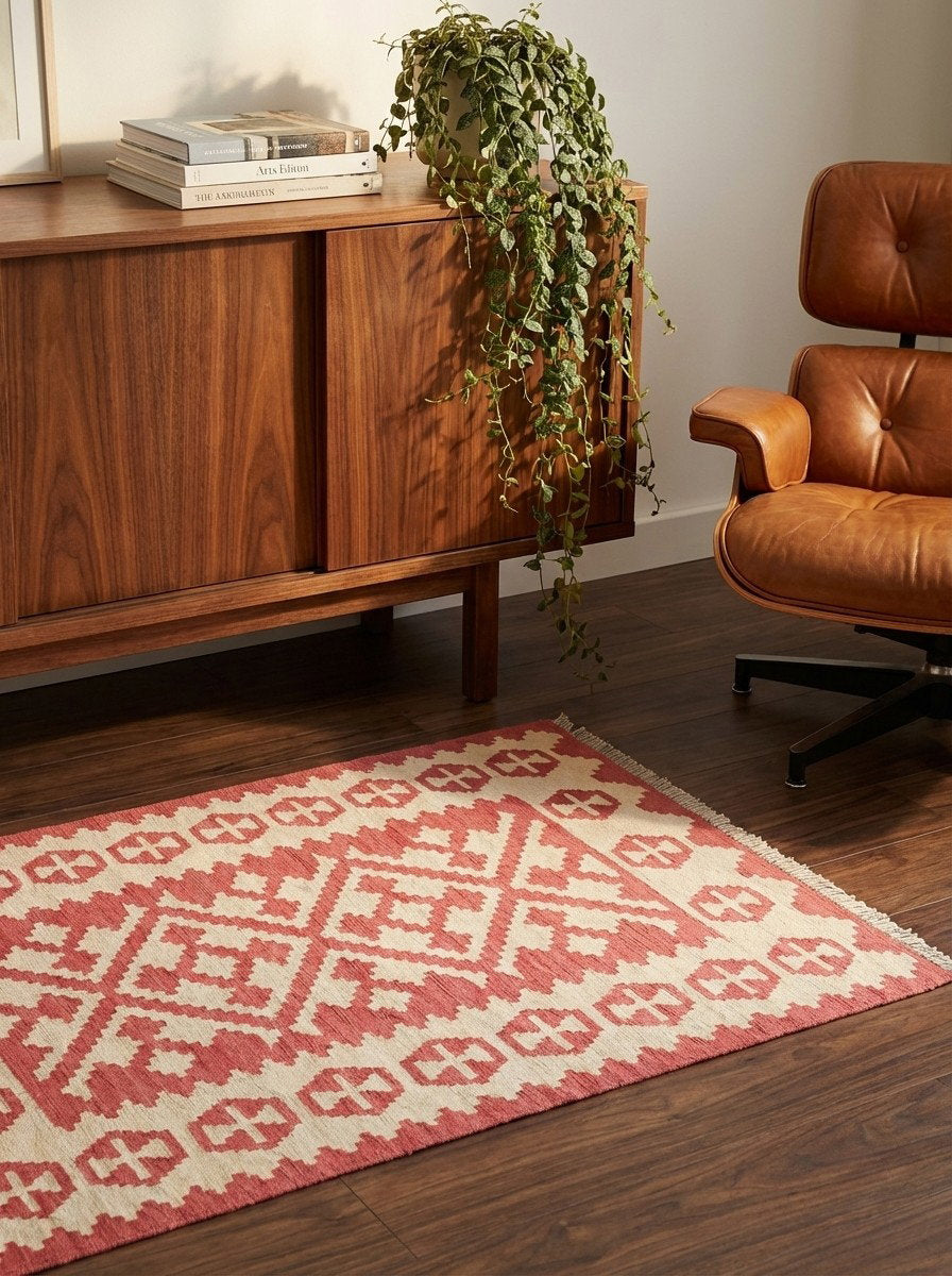 Kelim Gashgai — Handgefertigt, 142x106 cm, Beige, 100% Virgin Wool | Back view