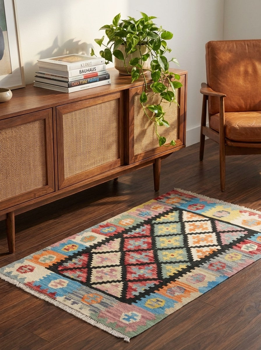Kelim Gashgai — Handmade, 80x121 cm, Black, 100% Virgin Wool | Back view