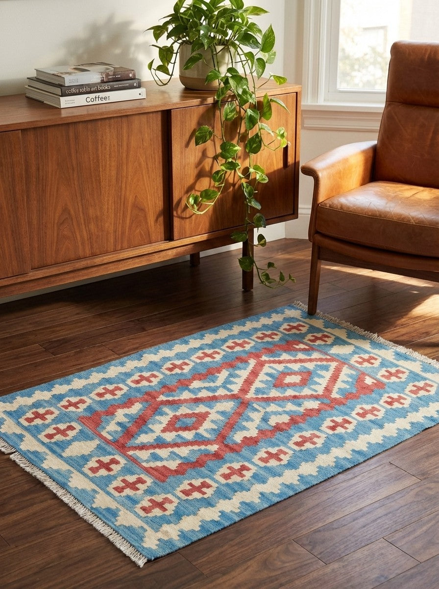 Kelim Gashgai — Handmade, 84x122 cm, Blue, 100% Virgin Wool | Back view