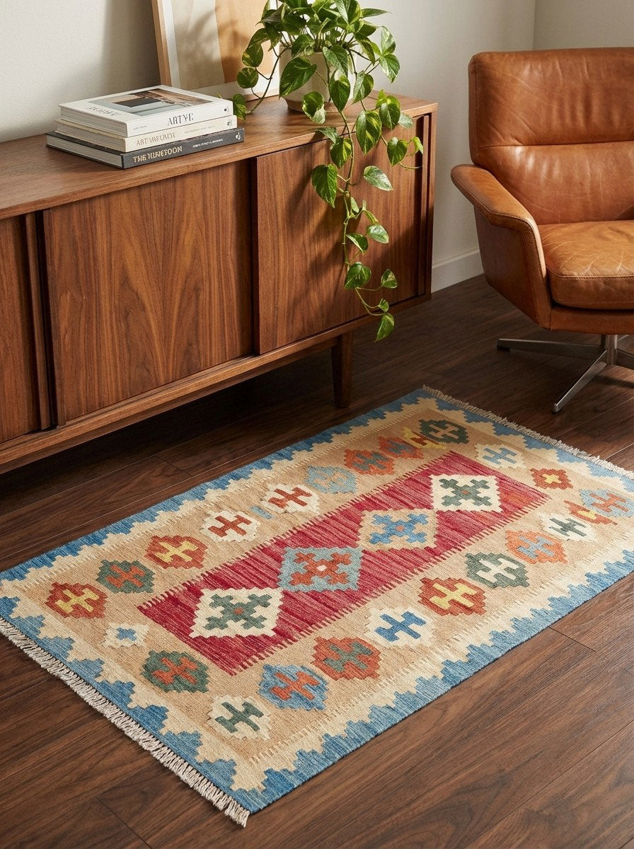 Kelim Gashgai — Handgefertigt, 125x85 cm, Beige, 100% Virgin Wool | Back view