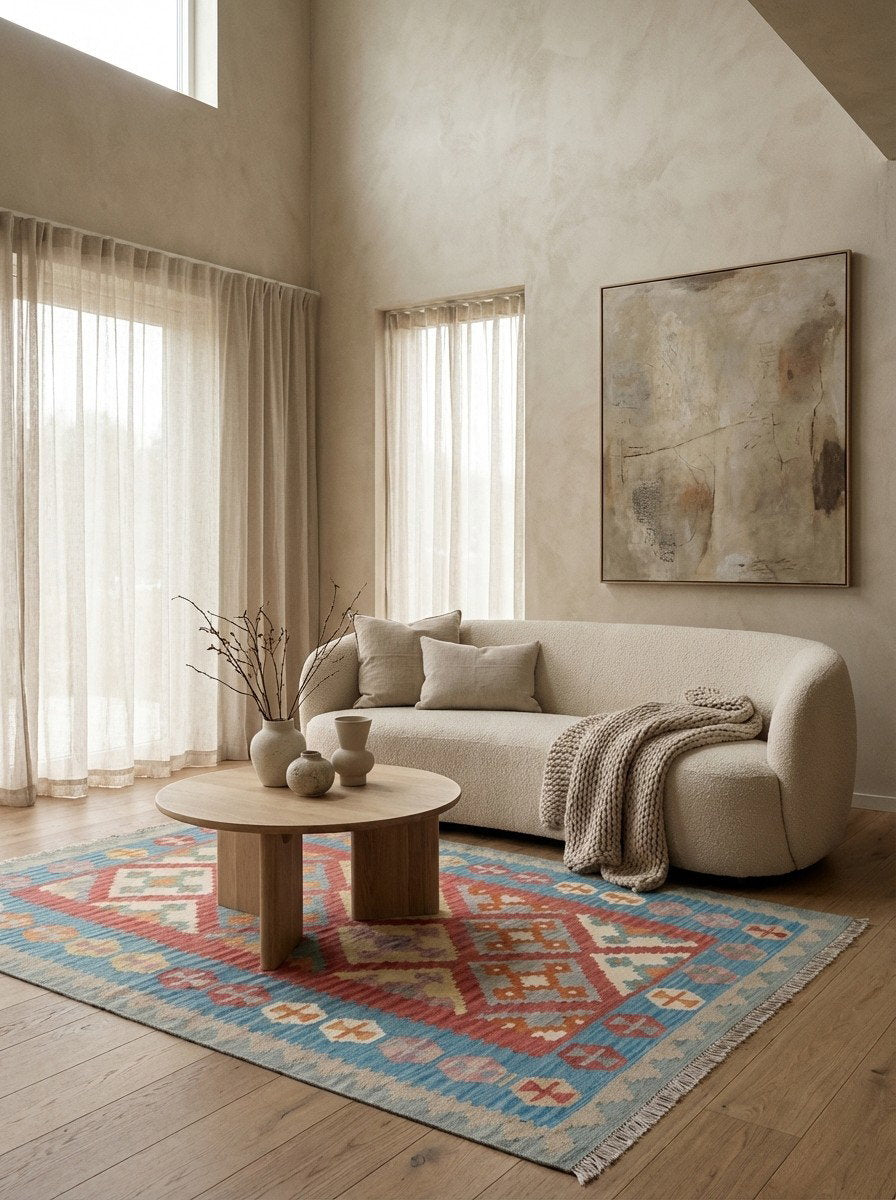 Kelim Gashgai — Handgefertigt, 180x128 cm, Blau, 100% Virgin Wool | Detail view