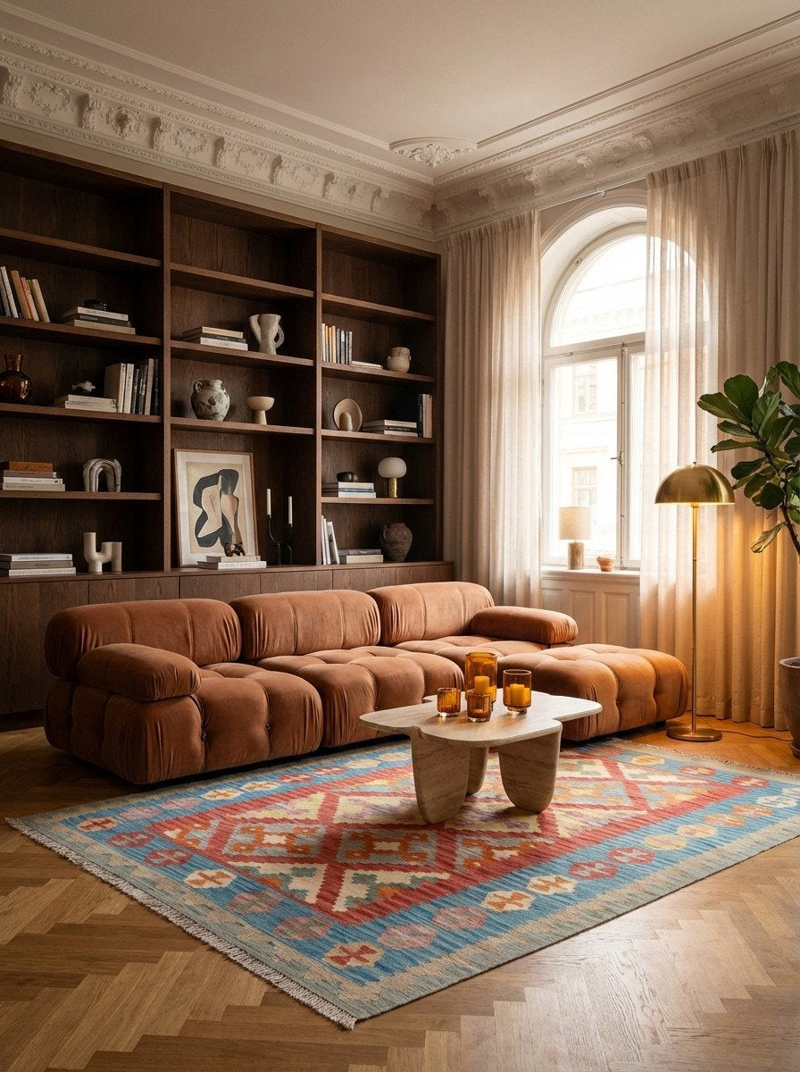 Kelim Gashgai — Handgefertigt, 180x128 cm, Blau, 100% Virgin Wool | Back view