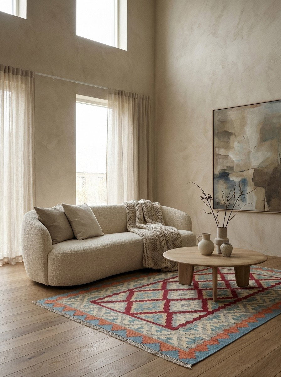 Kelim Gashgai — Handgefertigt, 183x125 cm, Beige, 100% Virgin Wool | Detail view