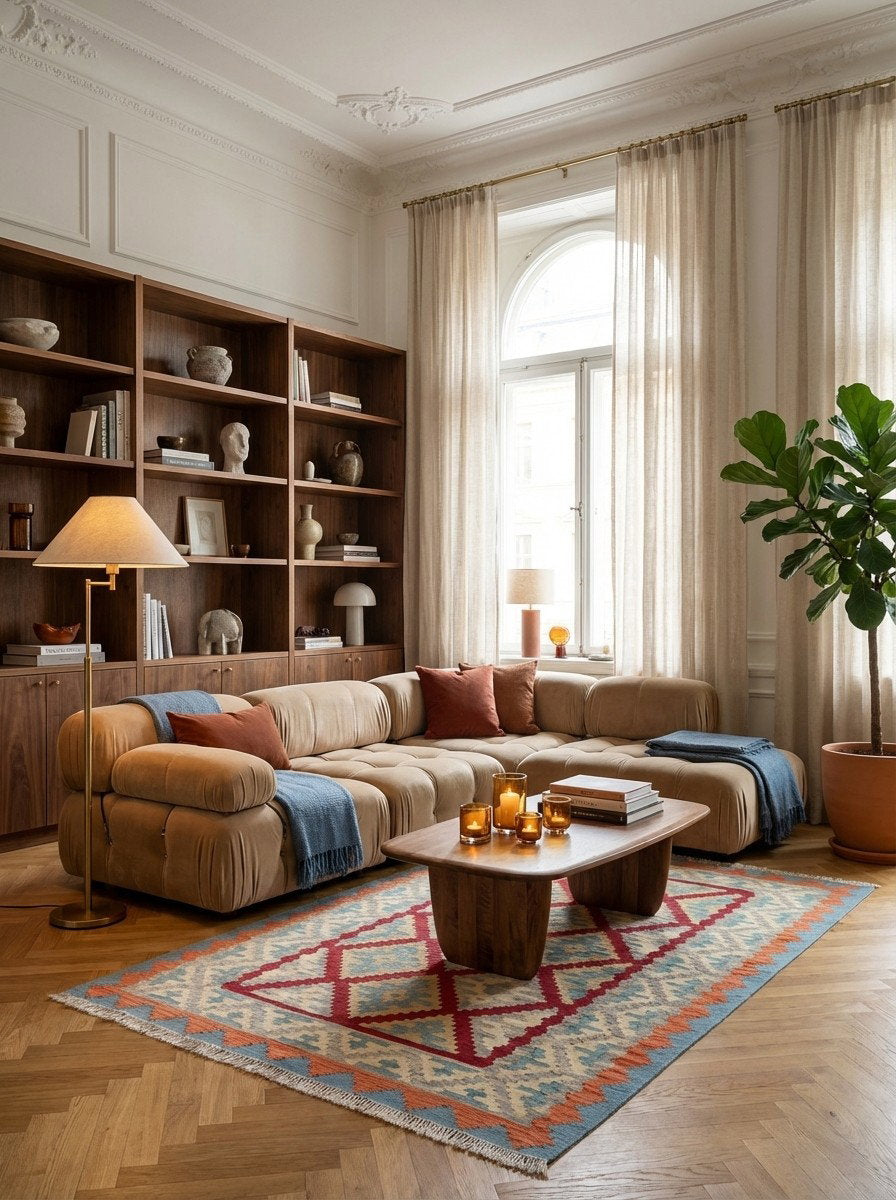 Kelim Gashgai — Handgefertigt, 183x125 cm, Beige, 100% Virgin Wool | Back view