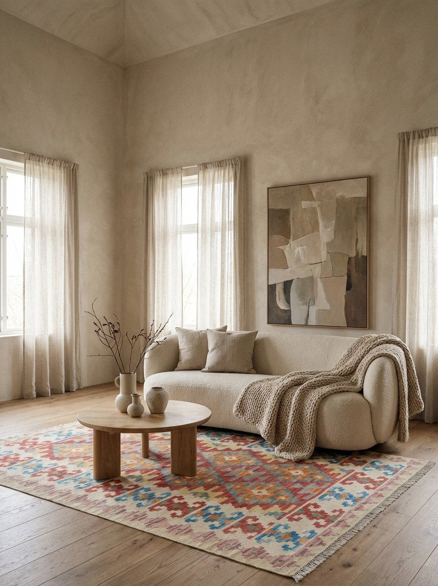 Kelim Gashgai — Handgefertigt, 197x155 cm, Beige, 100% Virgin Wool | Detail view