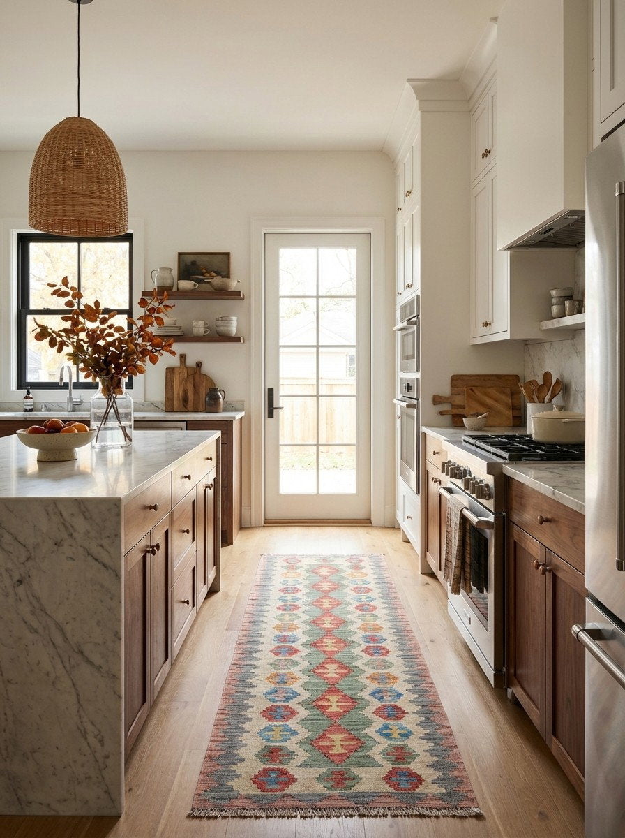 Kelim Gashgai — Handgefertigt, 244x61 cm, Beige, 100% Virgin Wool | Back view