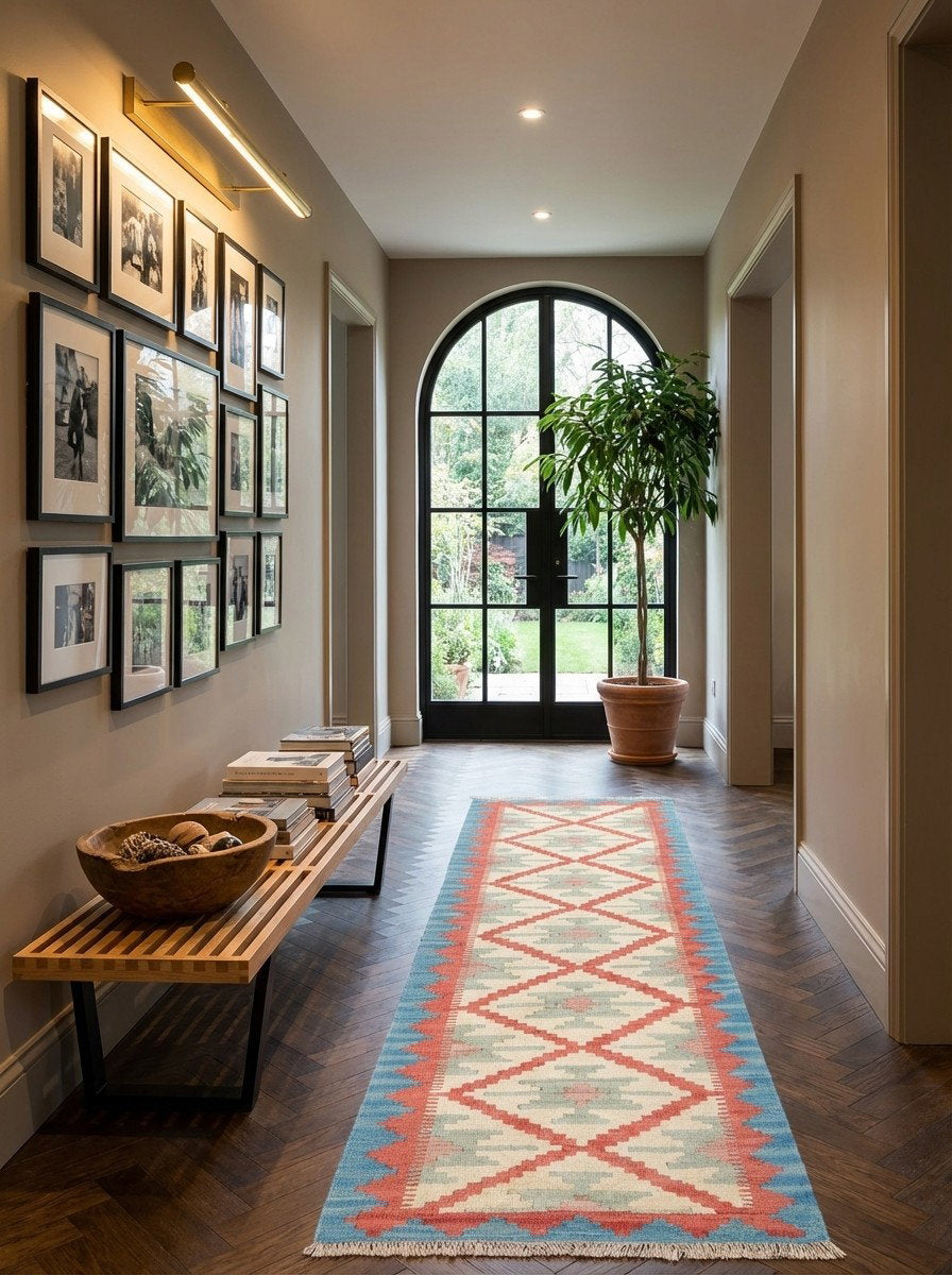 Kelim Gashgai — Handgefertigt, 193x60 cm, Blau, 100% Virgin Wool | Detail view