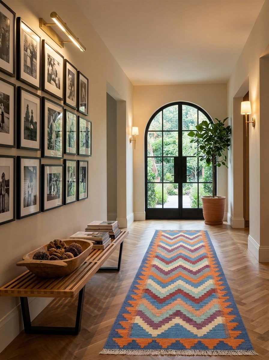 Kelim Gashgai — Handgefertigt, 197x55 cm, Blau, 100% Virgin Wool | Detail view