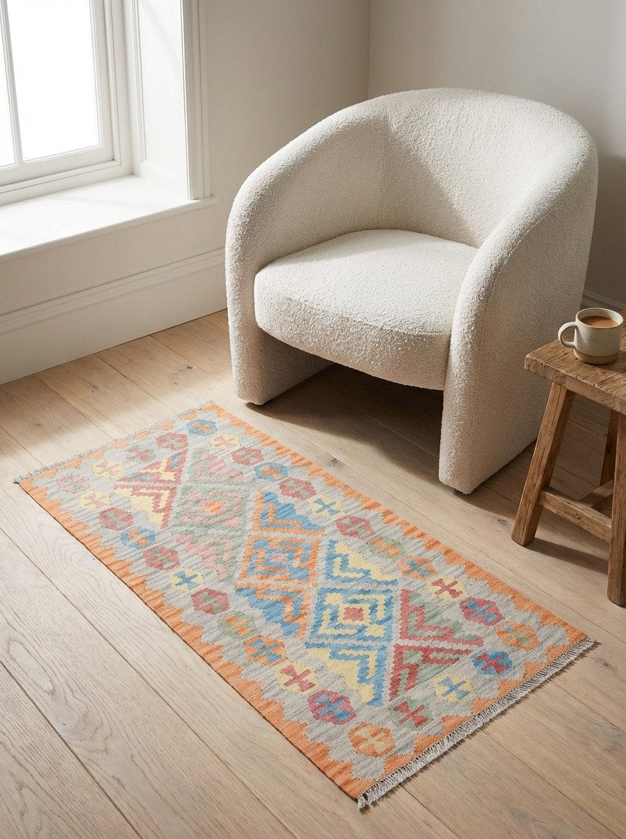 Kelim Gashgai — Handgefertigt, 189x86 cm, Grau, 100% Virgin Wool | Detail view