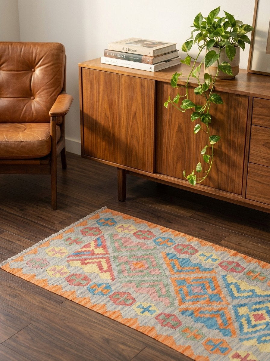 Kelim Gashgai — Handgefertigt, 189x86 cm, Grau, 100% Virgin Wool | Back view