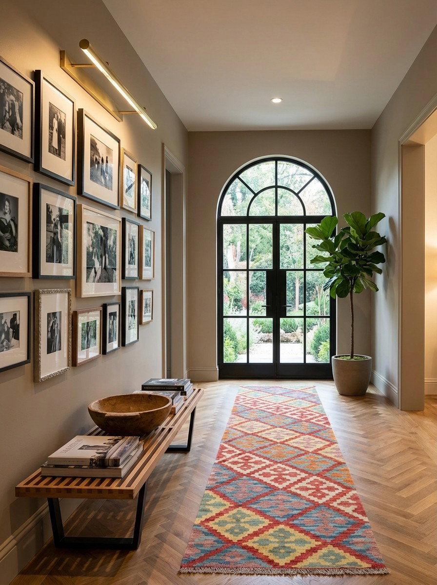 Kelim Gashgai — Handgefertigt, 250x60 cm, Bunt, 100% Virgin Wool | Detail view