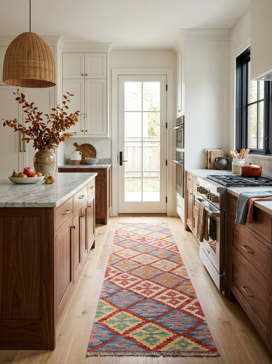 Kelim Gashgai — Handgefertigt, 250x60 cm, Bunt, 100% Virgin Wool | Back view