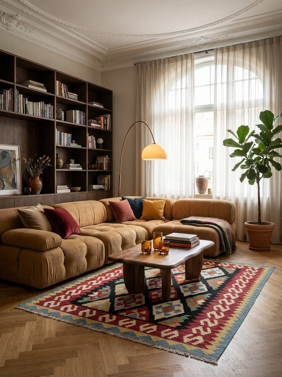 Kelim Gashgai — Handgefertigt, 197x158 cm, Rot, 100% Virgin Wool | Back view