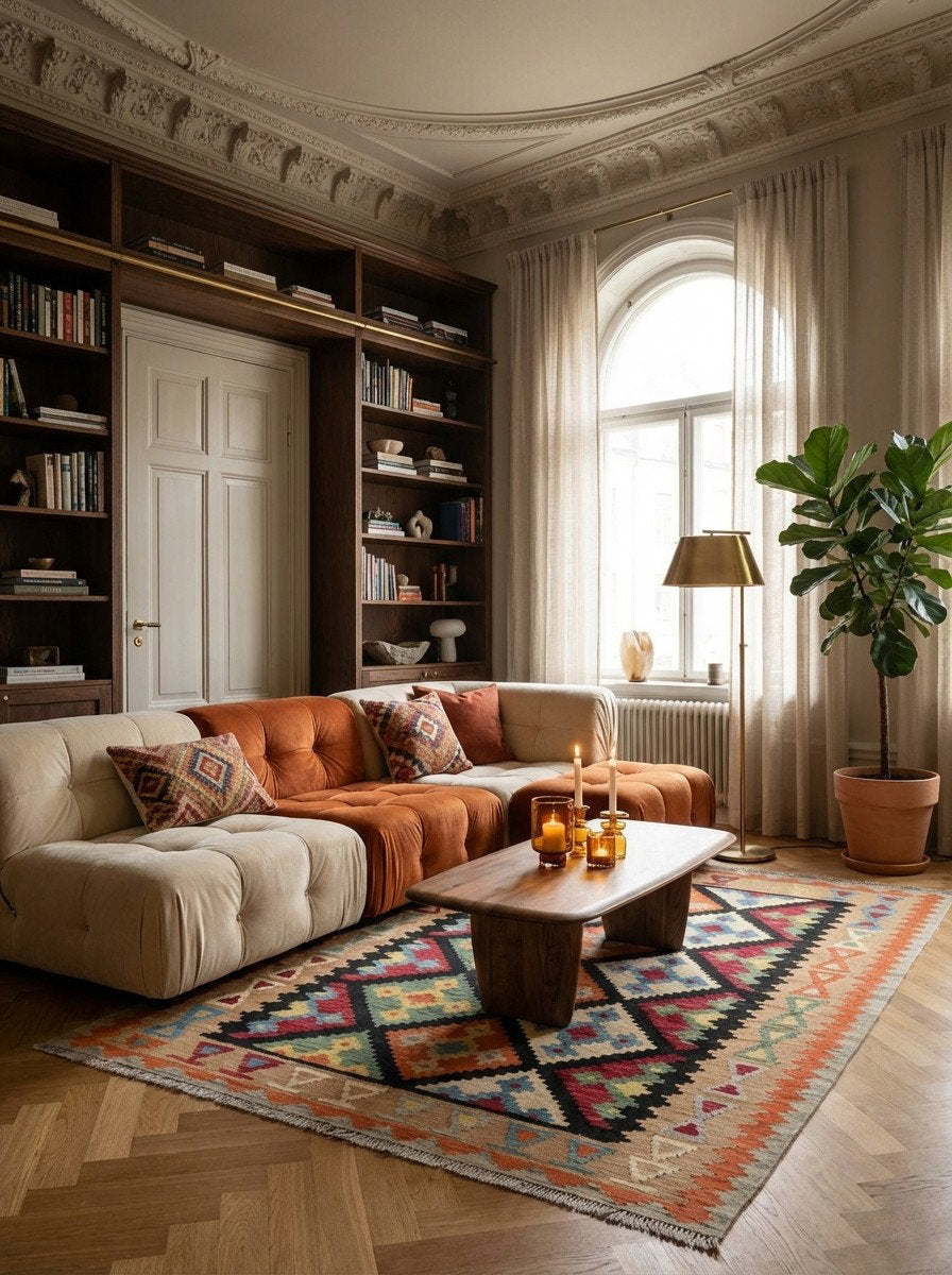 Kelim Gashgai — Handgefertigt, 202x157 cm, Beige, 100% Virgin Wool | Back view