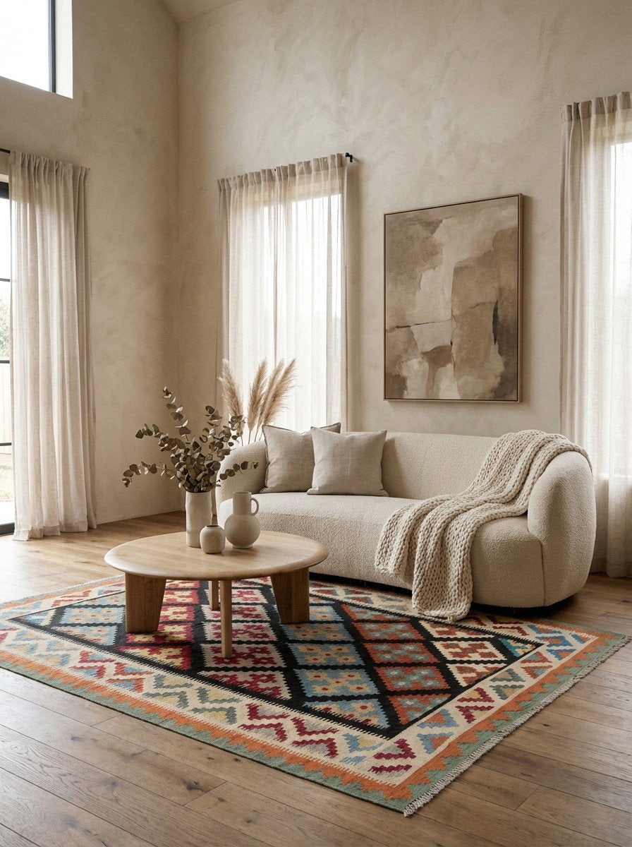 Kelim Gashgai — Handgefertigt, 200x162 cm, Beige, 100% Virgin Wool | Detail view