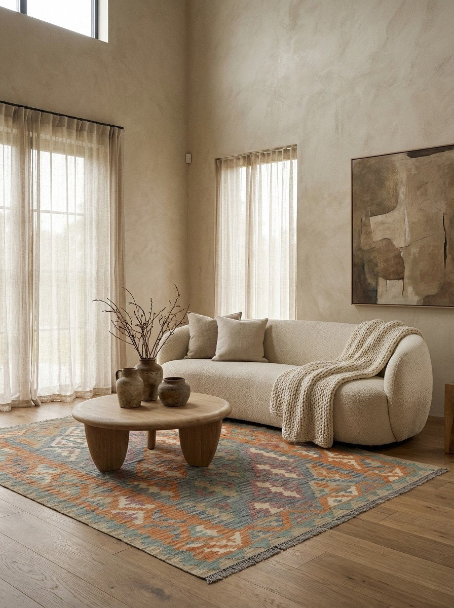 Kelim Gashgai — Handgefertigt, 213x158 cm, Orange, 100% Virgin Wool | Detail view